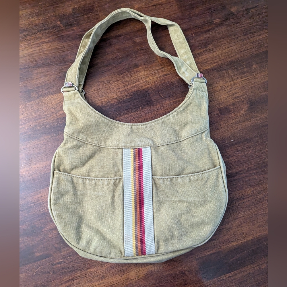American Eagle Tan Shoulder Bag with Multicolor Stripe